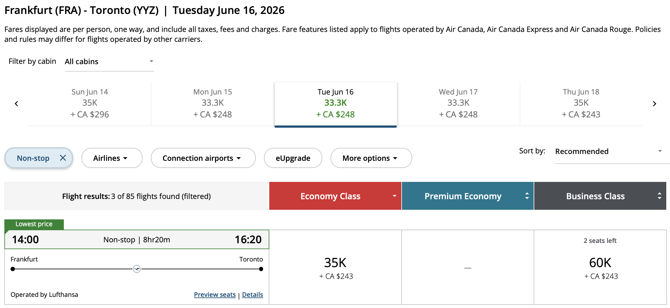Toronto to Frankfurt Aeroplan – Inbound availability